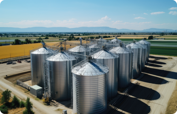 Imagem de vários silos de grãos