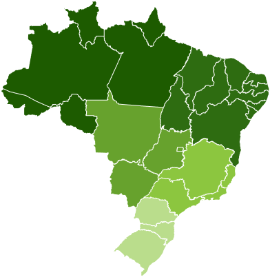 Mapa do Brasil destacando a divisão dos estados em tons de verde