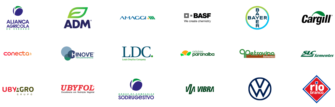 Logos das empresas parceiras da Grão Direto: ADM, LDC, CARGILL, AMAGGI e diversas outras.